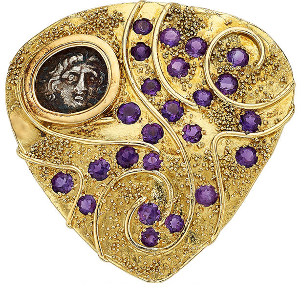 Amethyst, Ancient Coin, Gold Brooch, Elizabeth Gage, English