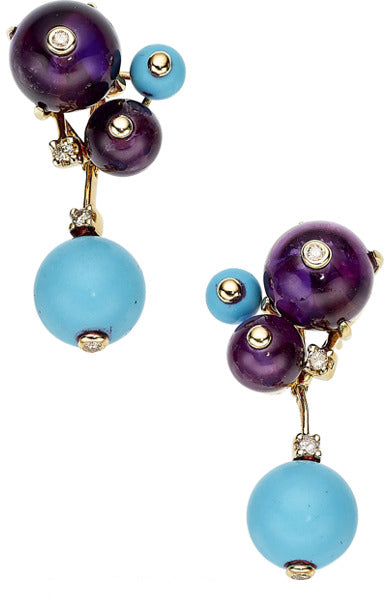 Diamond, Amethyst, Turquoise, Gold Earrings