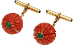Coral, Emerald, Gold Cuff Links, French