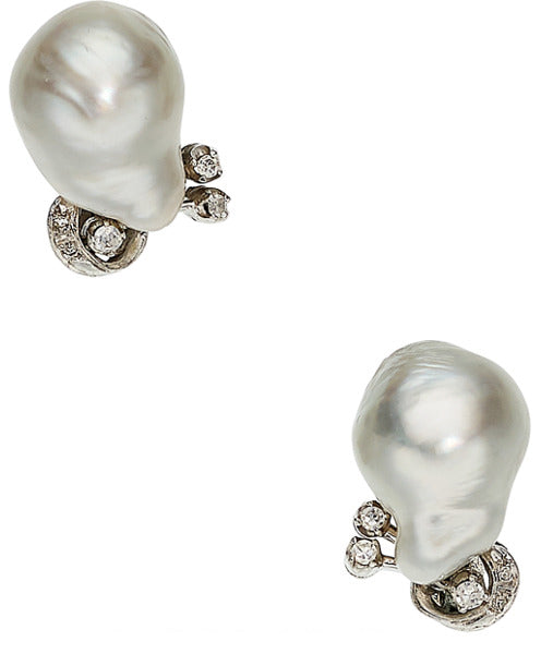 Cultured Pearl, Diamond, White Gold Earrings