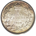 Canada: Edward VII 5 Cents 1909 Pointed (Holly) Leaves, KM13, MS62 PCGS.