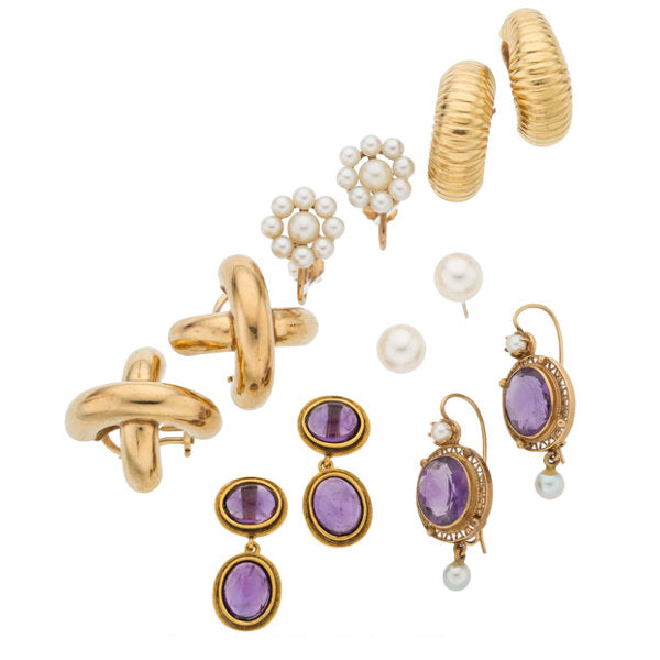 Amethyst, Cultured Pearl, Gold, Yellow Metal Earrings